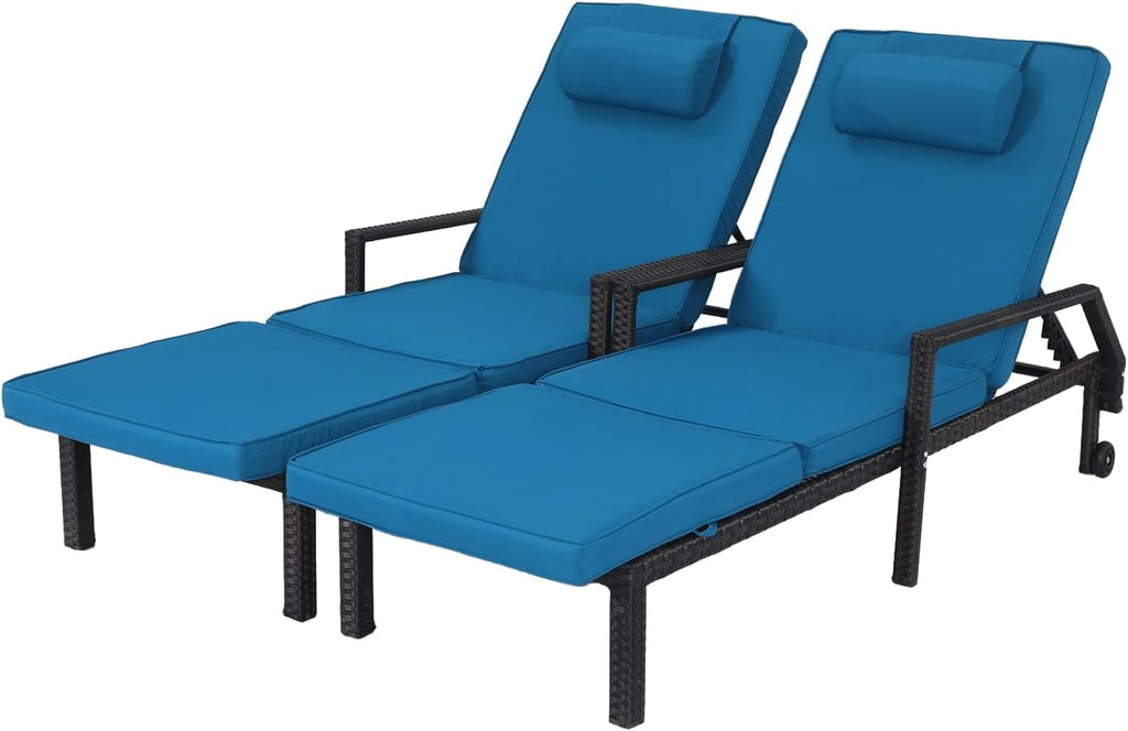 Patio Chaise Lounge Set – Adjustable Outdoor Lounge Chairs with Cushions & Headrest – All-Weather Rattan Reclining Lounge Chairs for Poolside, Garden, and Patio (2 Pcs, Light Blue)