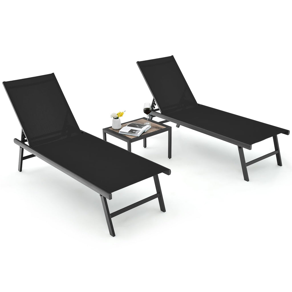 Tangkula 3 Piece Patio Chaise Lounge Set, Aluminum Patio Recliner with Coffee Table, 6-Level Backrest Adjustment, Outdoor Lounge Chair & Side Table Set for Poolside, Backyard (Brown)