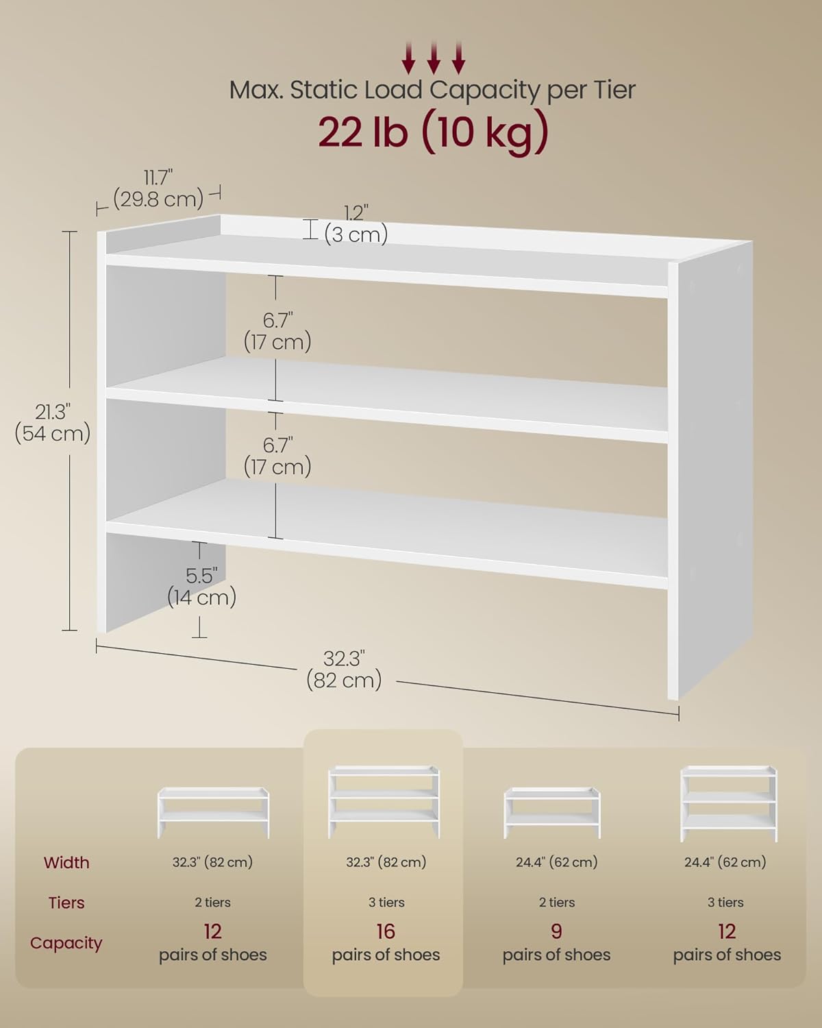 VASAGLE Shoe Rack for Closet, Stackable Shoe Organizer Shelf for Entryway, 3 Tiers, 11.7 x 32.3 x 21.3 Inches, White ULBS061WZ01S