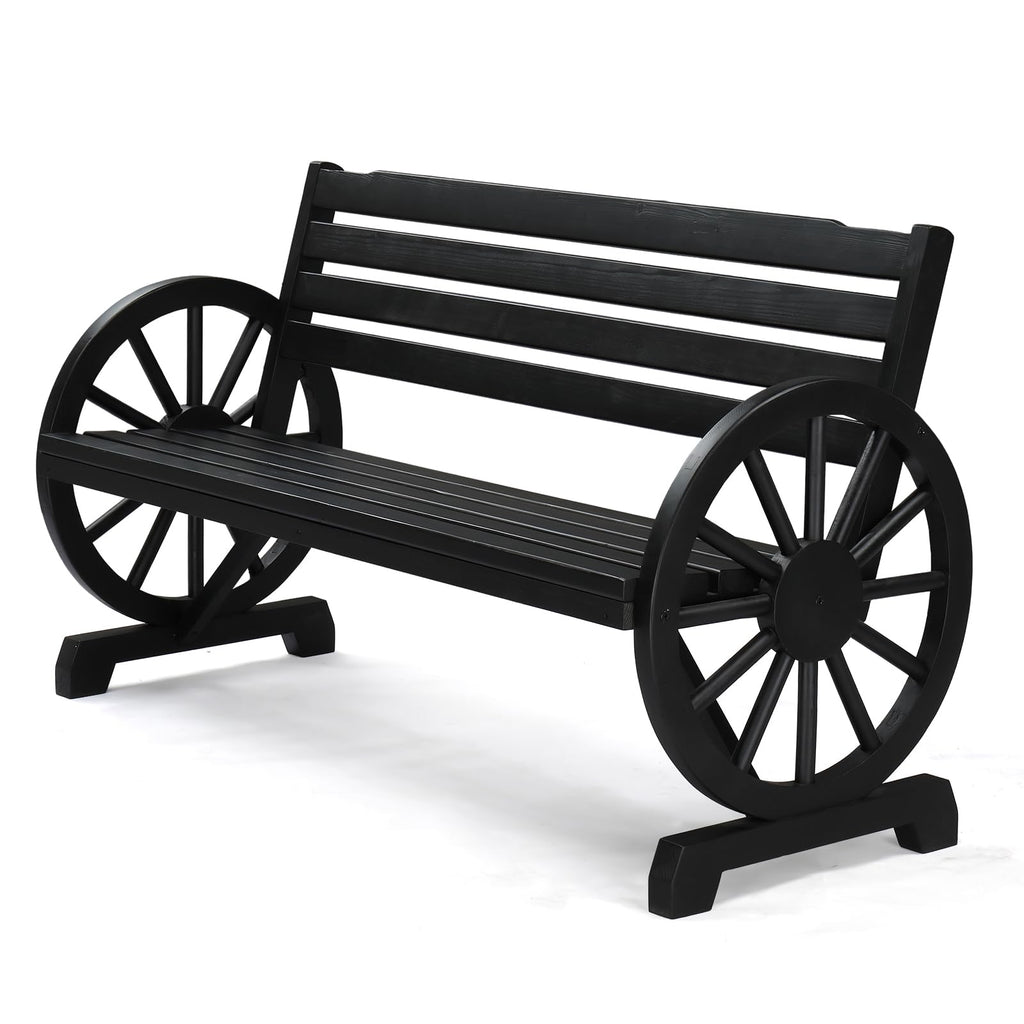 VINGLI Rustic Wooden Wheel Bench Outdoor Bench, Patio Bench Wagon Slatted Seat, Garden Benches for Outdoors 350lbs High Capacity, Weather Resistance (Rustic, 41in)