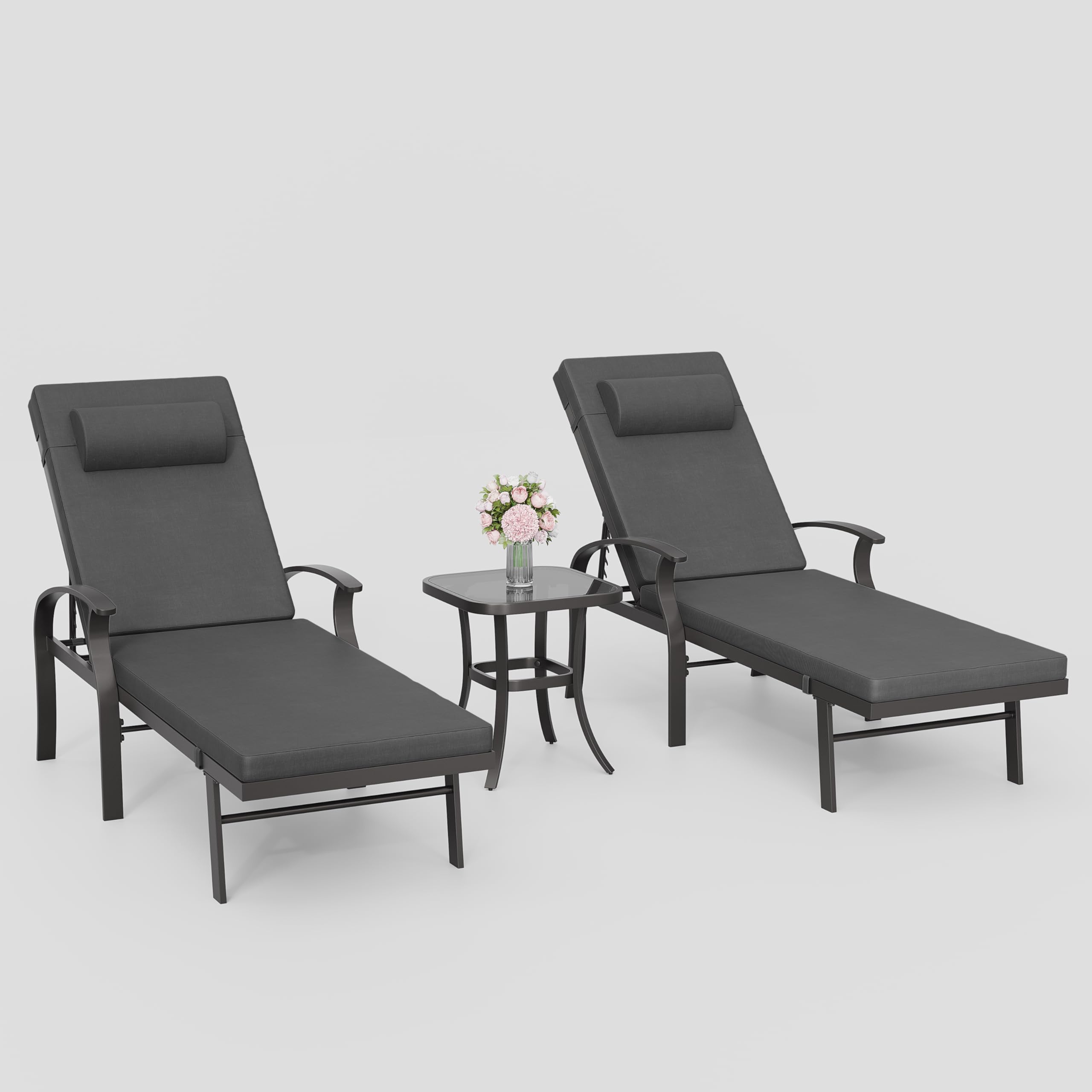 3 Pieces Patio Chaise Lounge Set Outdoor PE Rattan Armrest Lounge Chair Adjustable Backrest Reclining Chair with Folding Table and Cushion for Patio Poolside Backyard Porch Beach(Blue)