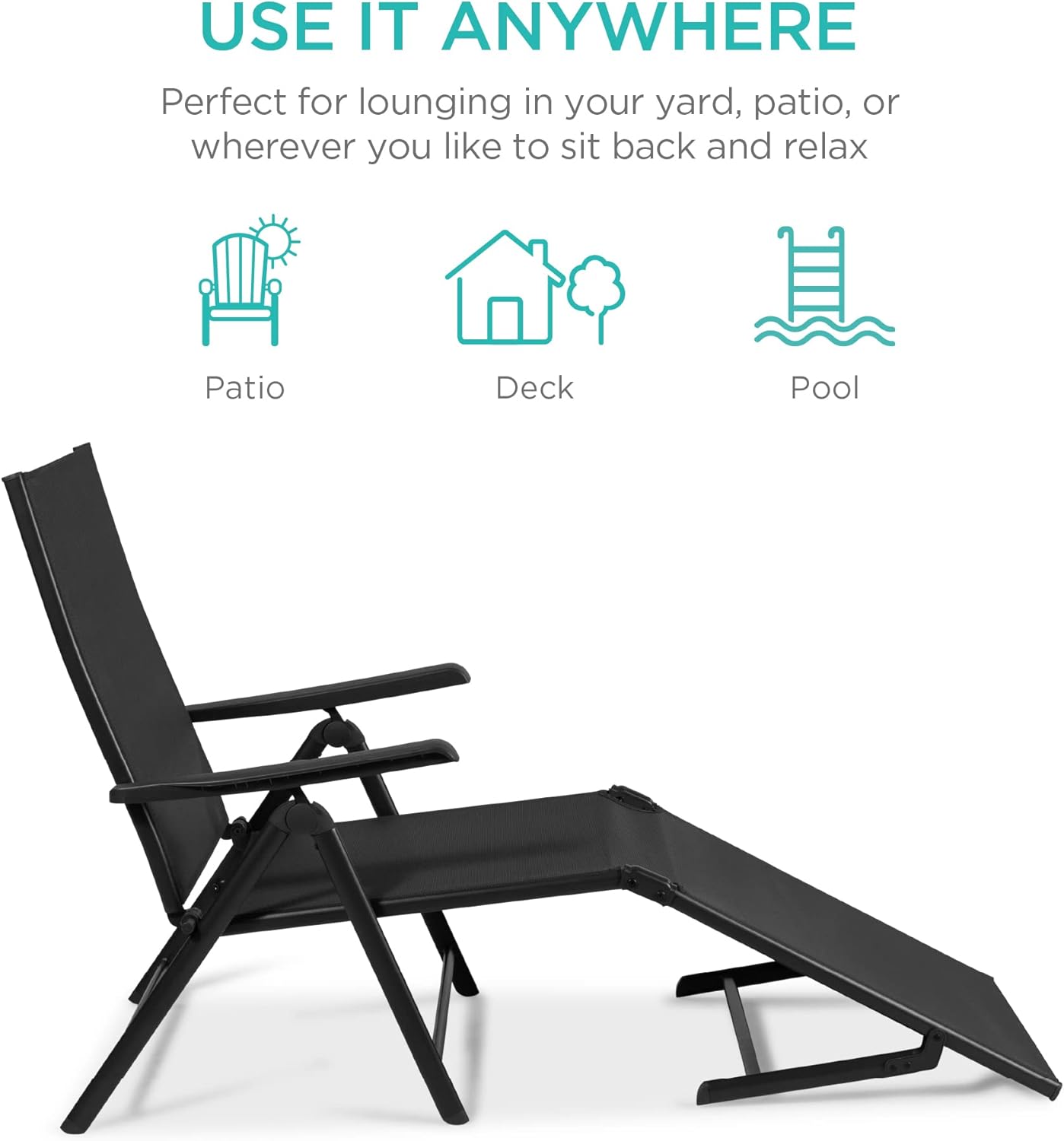 Best Choice Products Set of 2 Outdoor Patio Chaise Lounge Chair Adjustable Reclining Folding Pool Lounger for Poolside, Deck, Backyard w/Steel Frame, 250lb Weight Capacity - Black