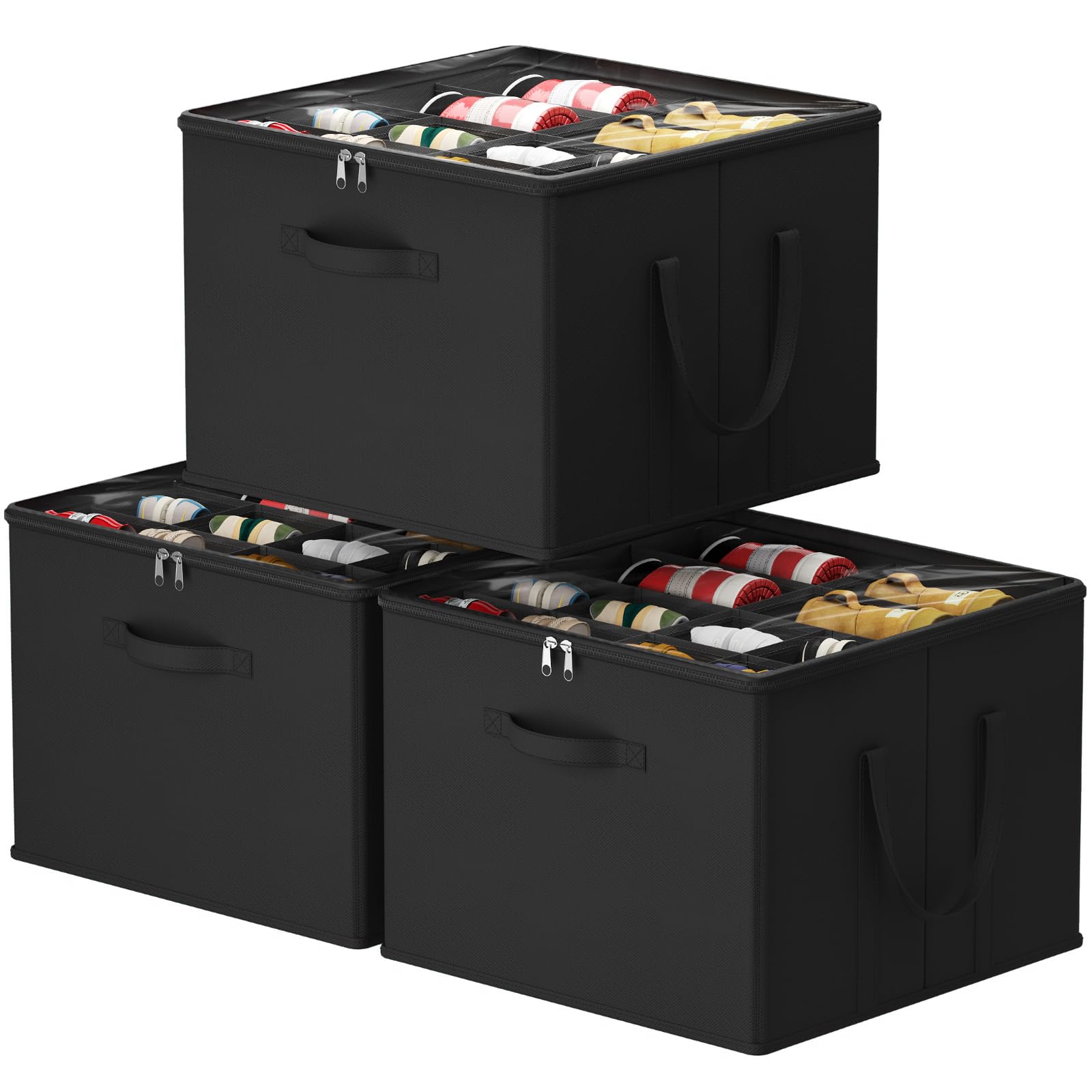 Lifewit Shoe Storage Organizer for Closet, Fabric Large Shoe Box Storage Containers with Clear Cover, Foldable Bins for Boots Heels Sneakers Fits 24-32 Pairs (Each 12-16 Pairs) 2 Pack Black