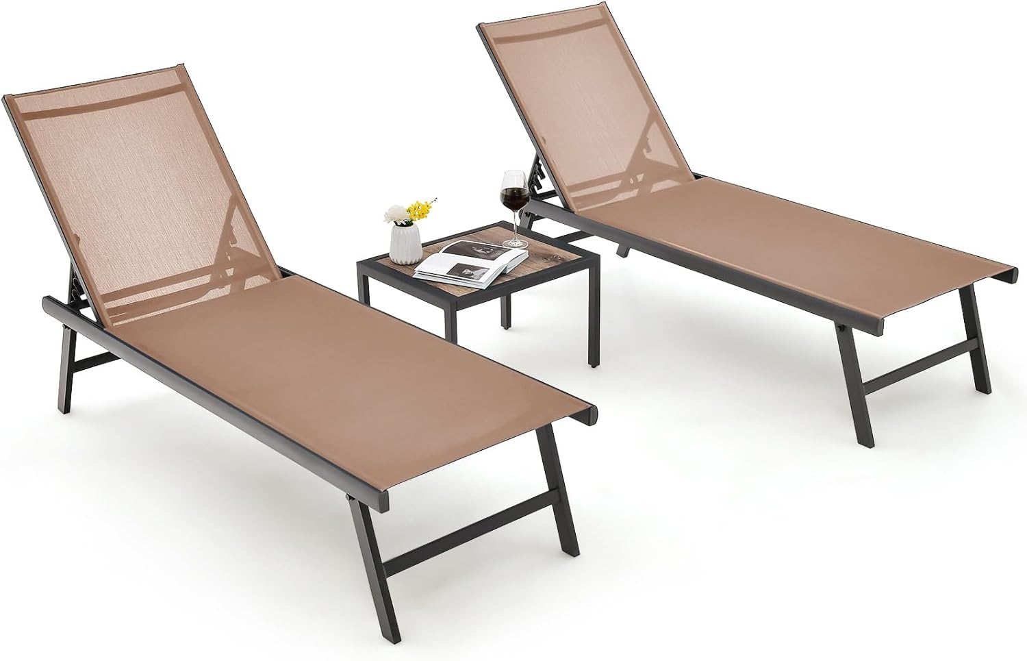 Tangkula 3 Piece Patio Chaise Lounge Set, Aluminum Patio Recliner with Coffee Table, 6-Level Backrest Adjustment, Outdoor Lounge Chair & Side Table Set for Poolside, Backyard (Brown)