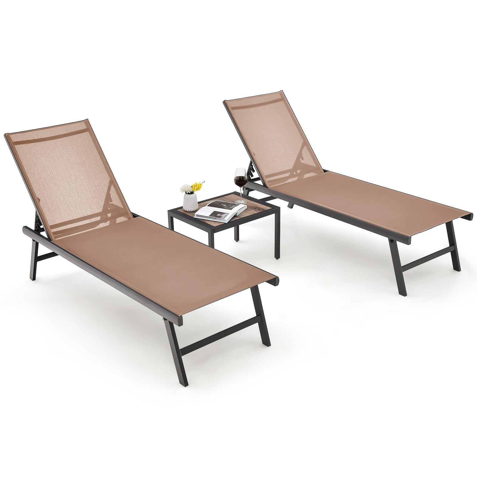 Tangkula 3 Piece Patio Chaise Lounge Set, Aluminum Patio Recliner with Coffee Table, 6-Level Backrest Adjustment, Outdoor Lounge Chair & Side Table Set for Poolside, Backyard (Brown)