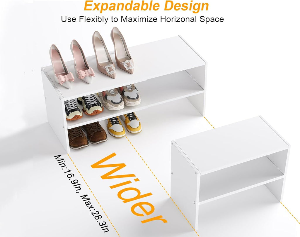 White Shoe Rack Organizer for Closet, 2-Tier Expandable Shoe Shelf, Stackable Iron Wood Combination Small Shoe Racks Shelves for Closets, Entryway,Small Space,Hallway,Bedroom,Bathroom,6-12 Pairs