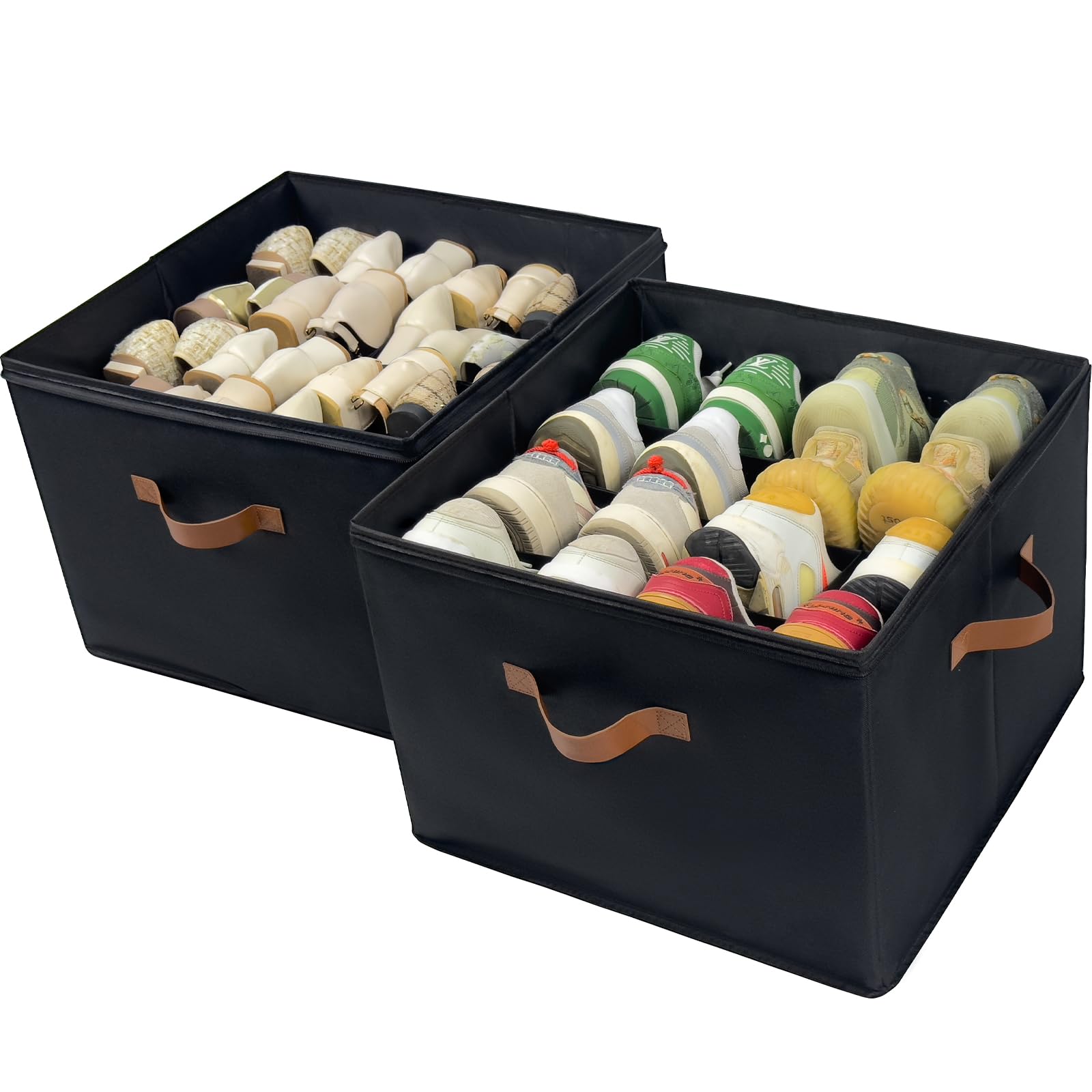 Shoe Organizer Box 2 Pack, Shoe Storage Organizer with Clear Cover, Adjustable Dividers Fits 16-32 Pairs, Fabric Shoe Organizer for Closet, Beige