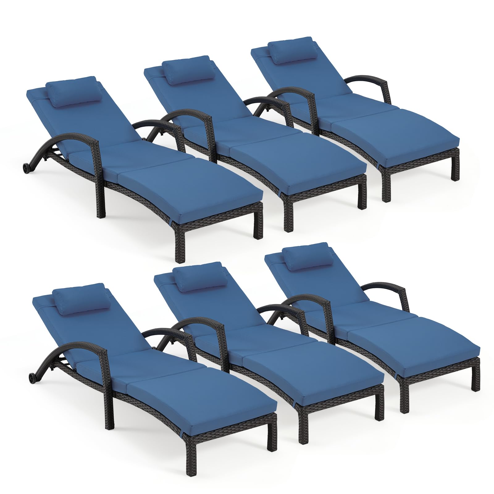 HOMREST Wicker Chaise Lounge Set of 2, Pool Lounge Chair with Side Table, Outdoor Reclining Lounger Chair with Wheels 5-Level Adjustable Backrest for Poolside Deck Lawn,Khaki