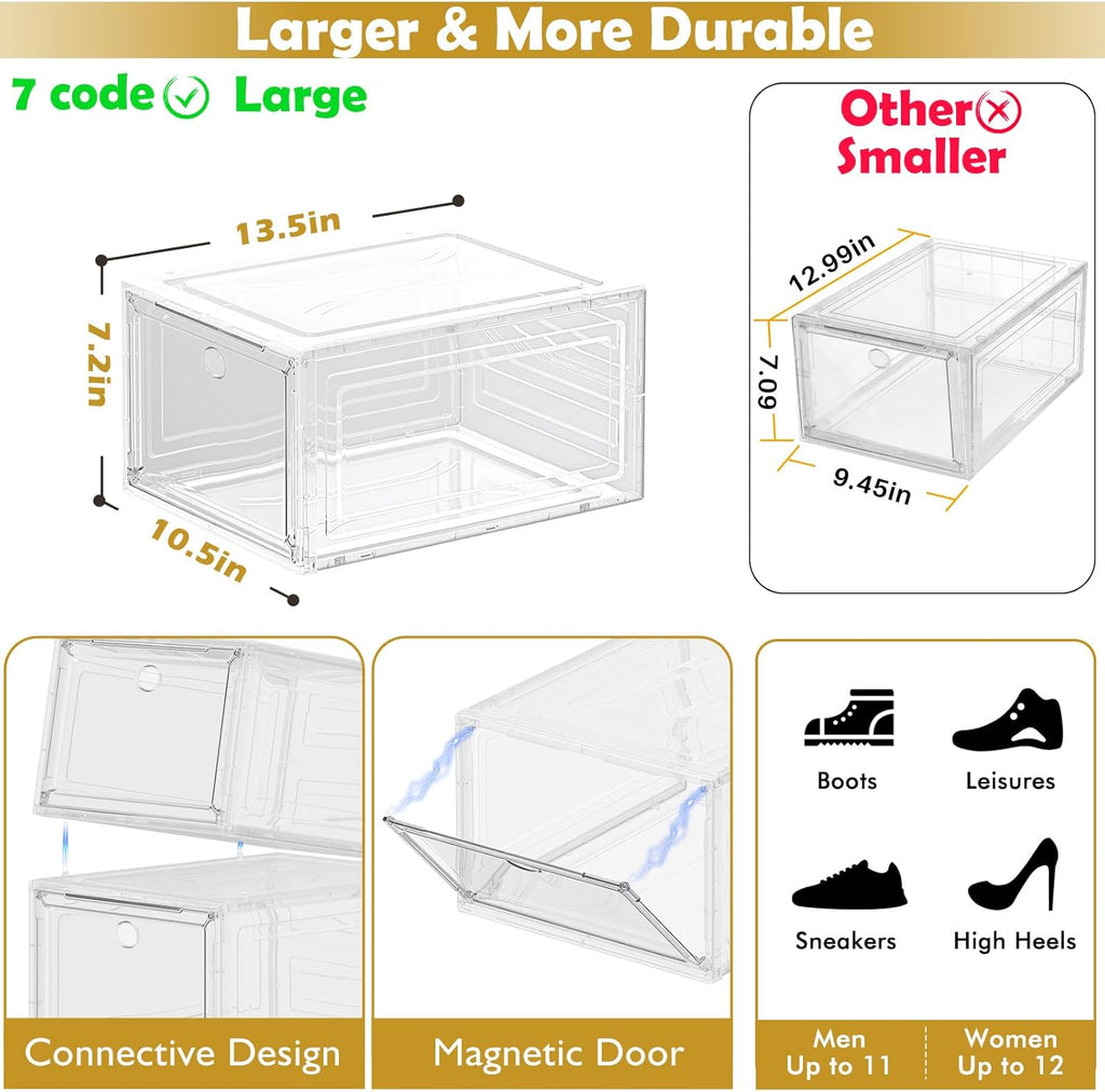 Thickened Clear Shoe Storage Organizer with Magnetic Door, Sturdy Stackable Shoe Boxes for Closet, Collapsible Space-Saving Shoe Rack for Sneakers & Boots, Plastic Shoe Cabinet Box Set, 6 Pack, White