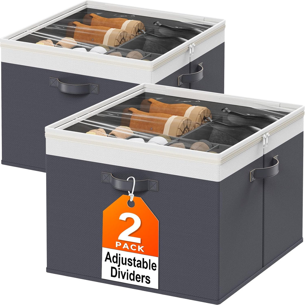 Shoe Organizer for Closet - 2 Packs Hold up to 32 Pairs, Large Shoe Storage Organizer Containers with Adjustable Dividers, Clear Cover, Leather Handles for Heels, Boots, Sneakers (Gray)