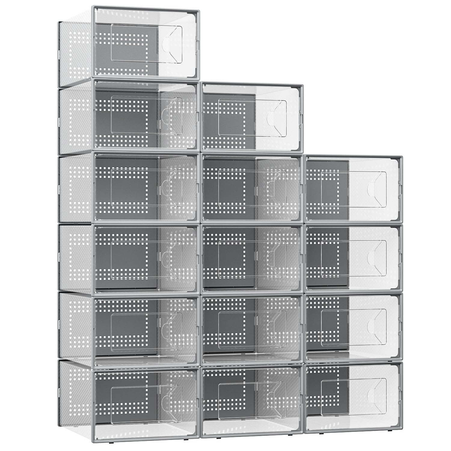 X-Large Shoe Storage Box, 15 Pack Clear Plastic Stackable Shoe Organizer for Closet, Interlocking Design Shoe Container Bins for Sneakers, Foldable Shoe Rack with Lids, Black