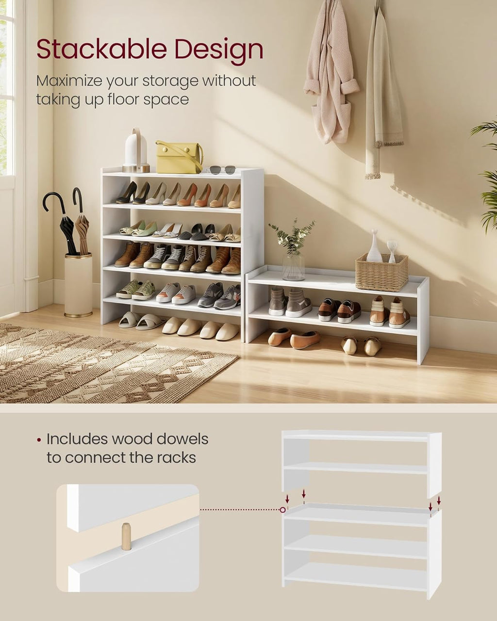 VASAGLE Shoe Rack for Closet, Stackable Shoe Organizer Shelf for Entryway, 3 Tiers, 11.7 x 32.3 x 21.3 Inches, White ULBS061WZ01S