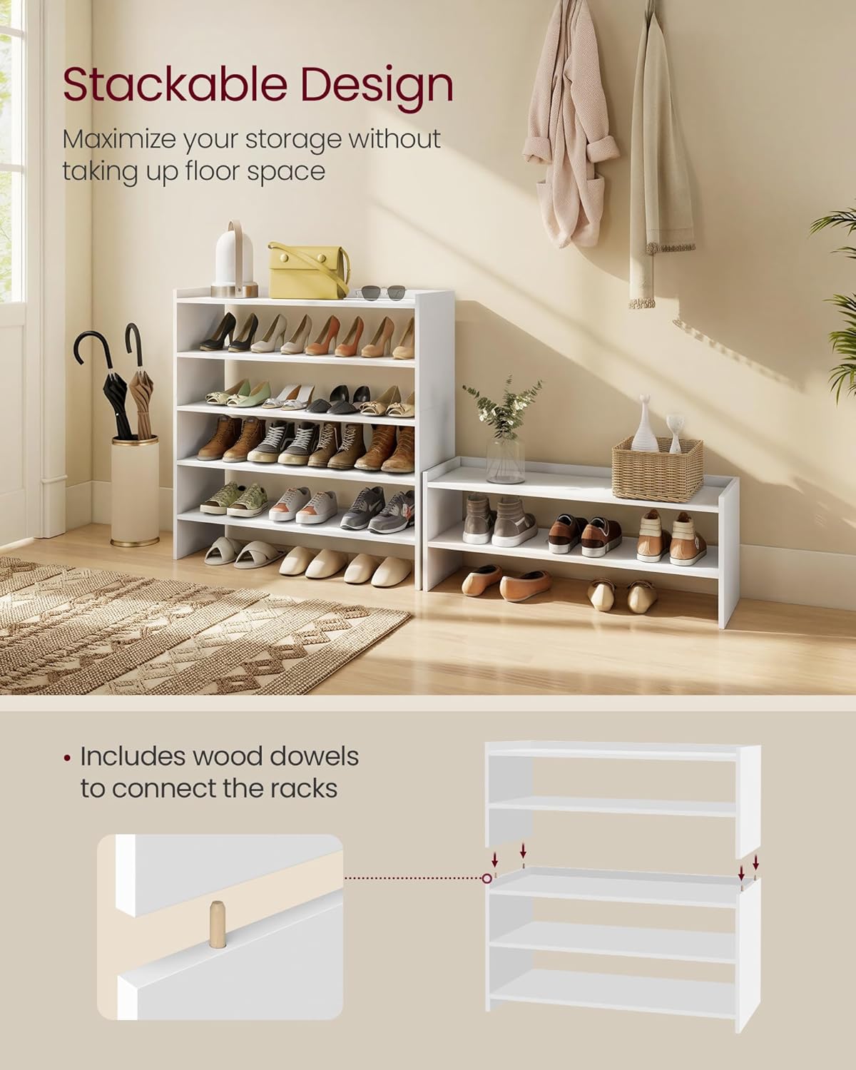 VASAGLE Shoe Rack for Closet, Stackable Shoe Organizer Shelf for Entryway, 3 Tiers, 11.7 x 32.3 x 21.3 Inches, White ULBS061WZ01S