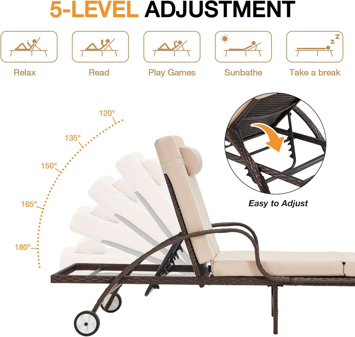HOMREST Wicker Chaise Lounge Set of 2, Pool Lounge Chair with Side Table, Outdoor Reclining Lounger Chair with Wheels 5-Level Adjustable Backrest for Poolside Deck Lawn,Khaki