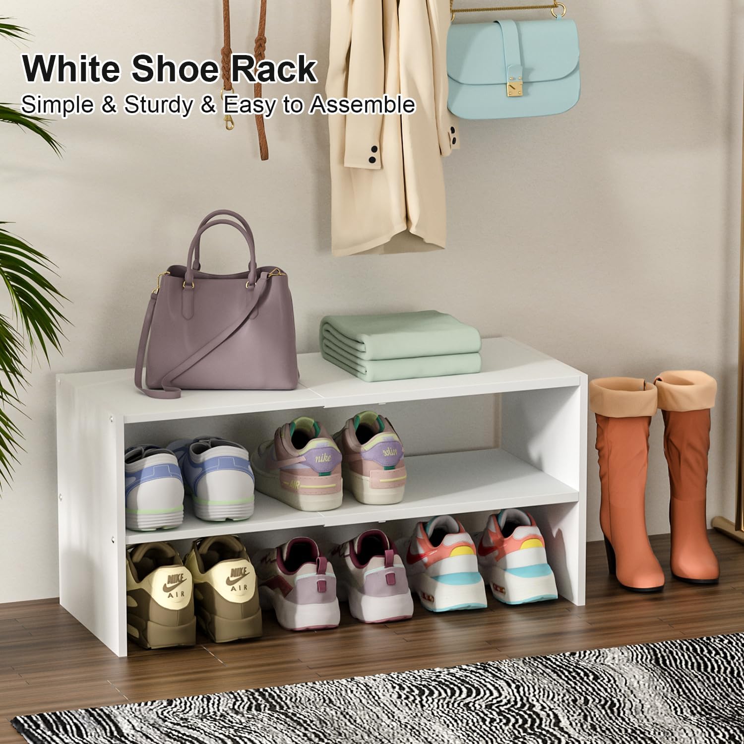 2 Pack White Shoe Rack for Closet, 2-Tier Expandable Small Shoe Shelf, Stackable Iron Wood Combination Shoe Organizer Racks Shelves for Closets, Entryway, Hallway, Garage, Holds 12-24 Pairs