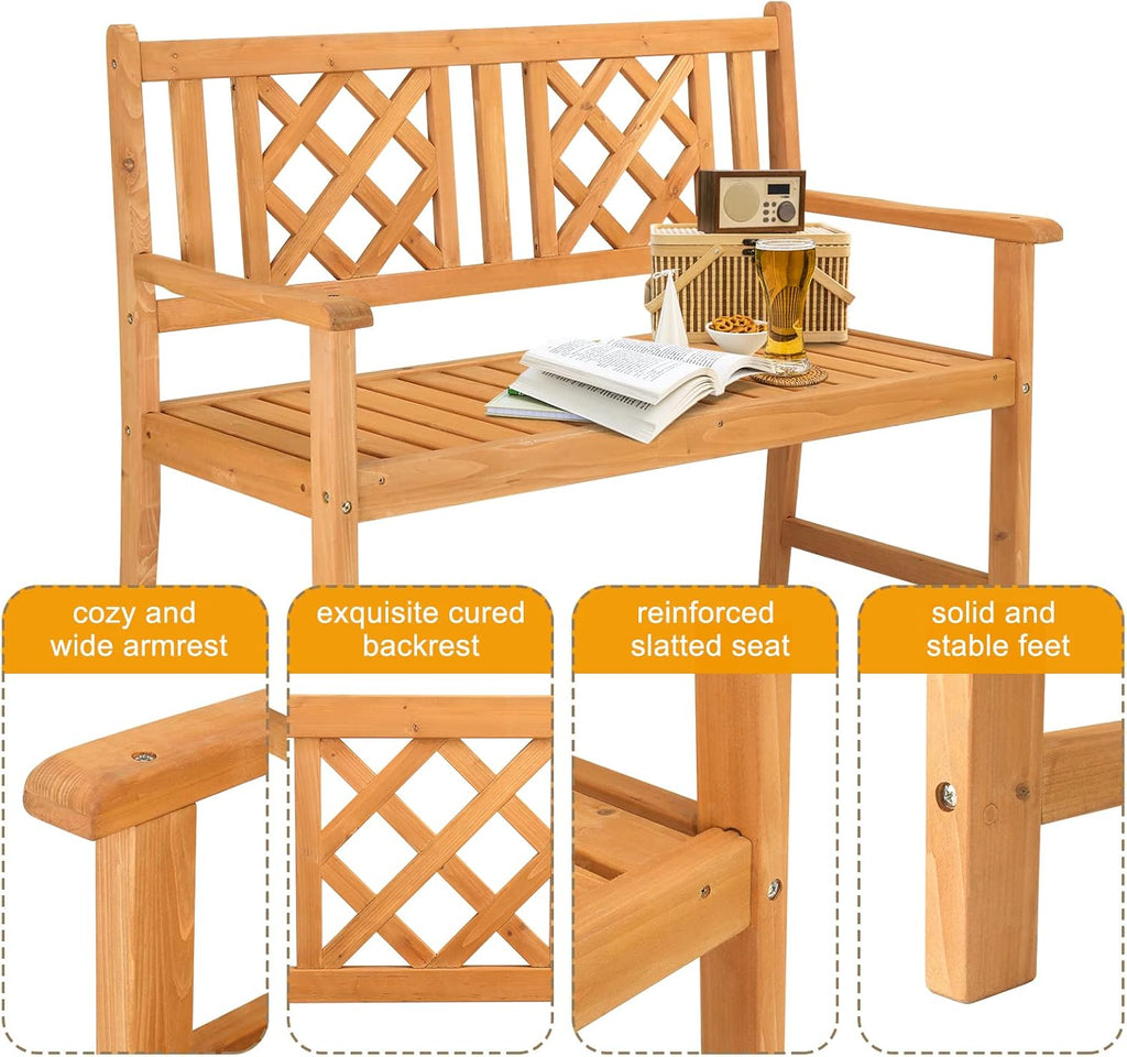 Outvita Wooden Garden Bench, Outdoor Wood Patio Bench, Rustic Two Person Loveseat Chair w/Armrest for Porch Poolside Park Backyard Balcony, Capacity 605Lbs, Grid Backrest