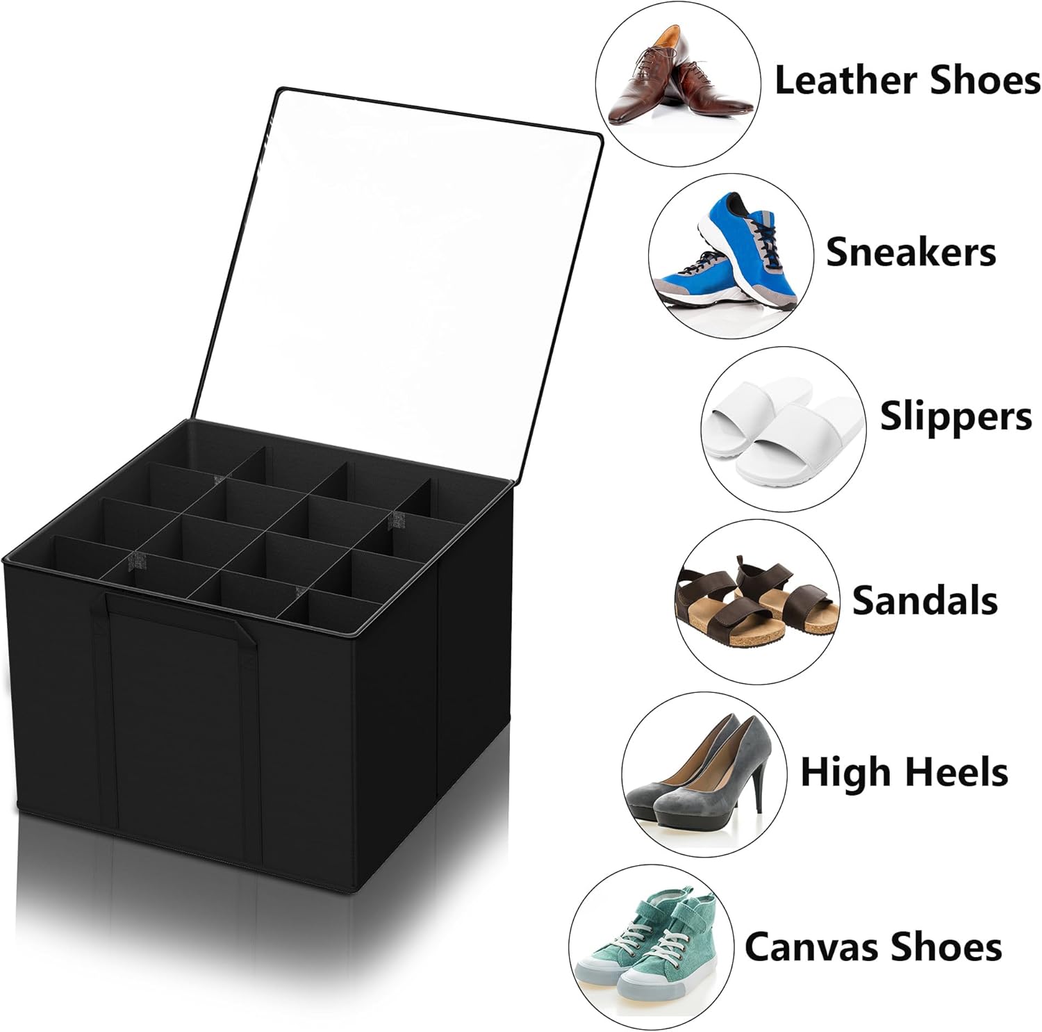 SUOCO 2 Pack Shoe Organizer for Closet, Fits up to 32 Pairs, Small Space Shoe Storage Boxes Bins Containers w/Adjustable Dividers and Clear Top, Black