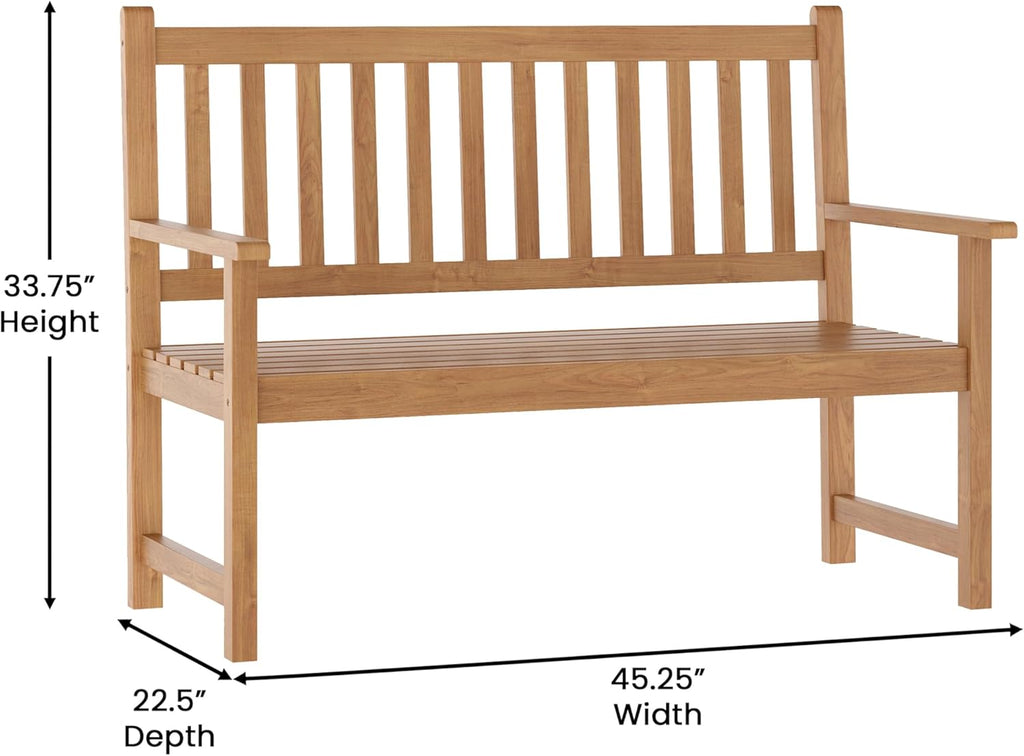 Flash Furniture Adele Commercial Indoor/Outdoor Acacia Wood Bench, 2-Person Slatted Patio Loveseat, for Use in Yard, Garden, Porch, or Park, Brown