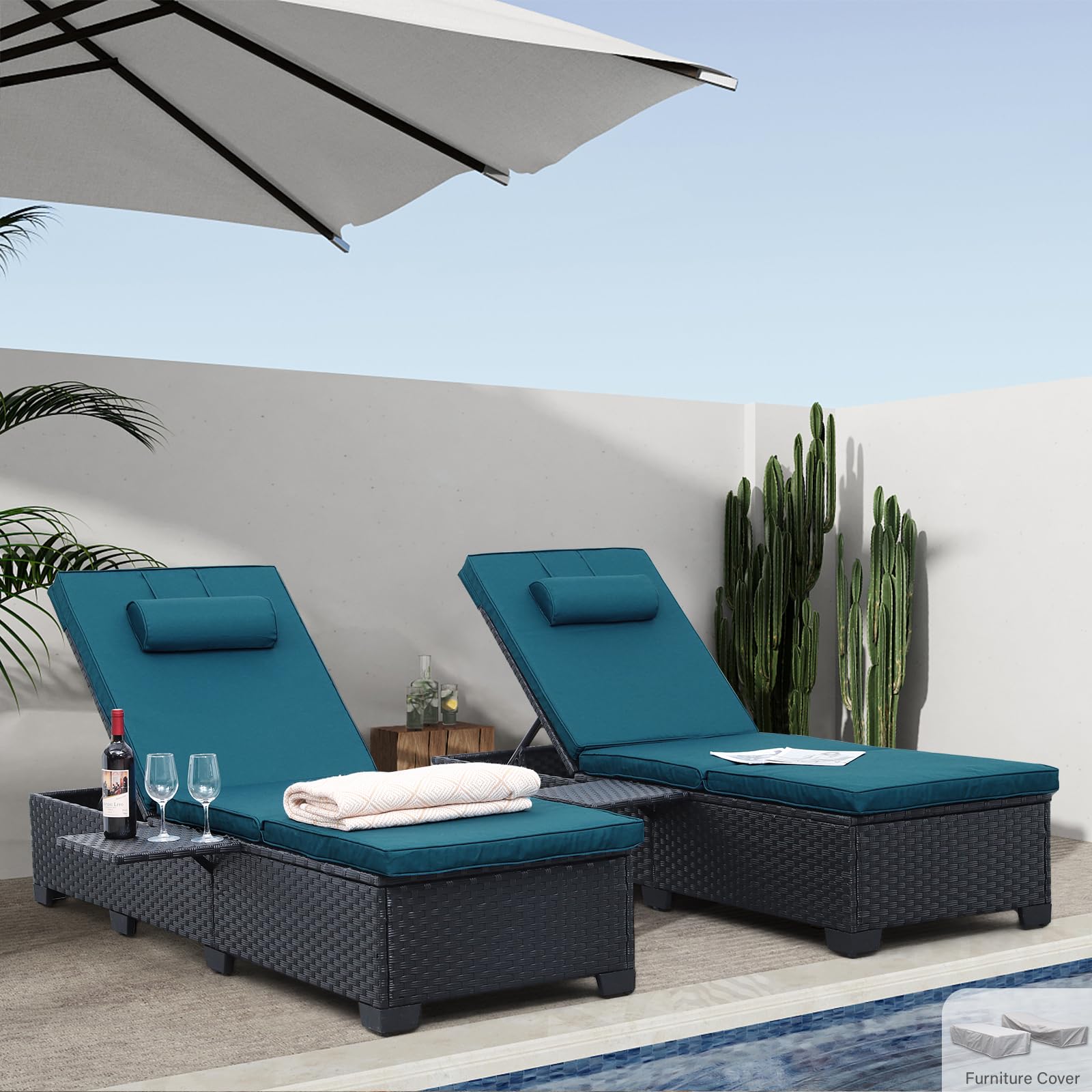 WAROOM Outdoor Chaise Lounge Chairs for Outside Patio Furniture Set of 2 Wicker Recliner Black Rattan Sunbathing Lounger Adjustable Backrest Pool Reclining Chair, Navy Blue Cushion
