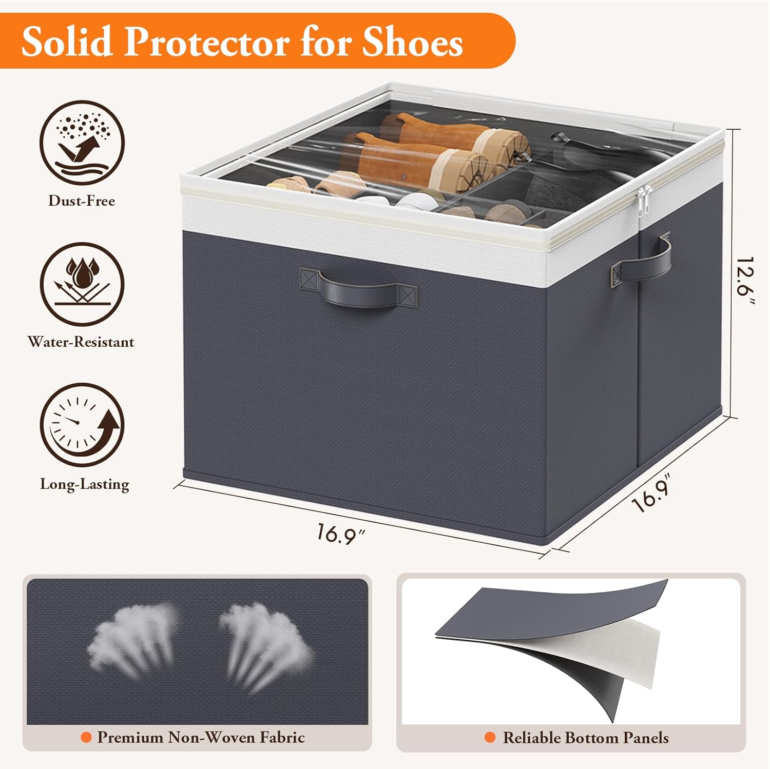 Shoe Organizer for Closet - 2 Packs Hold up to 32 Pairs, Large Shoe Storage Organizer Containers with Adjustable Dividers, Clear Cover, Leather Handles for Heels, Boots, Sneakers (Gray)