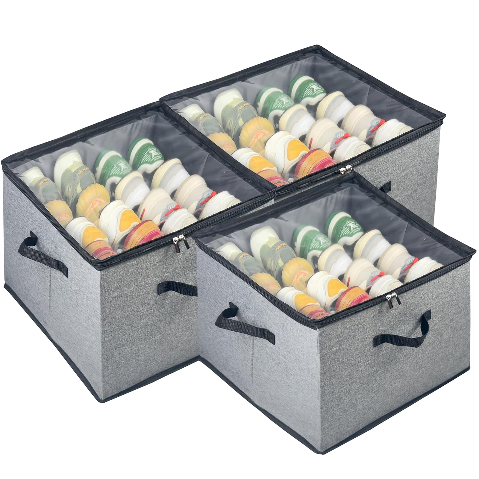 Shoe Organizer Box 2 Pack, Shoe Storage Organizer with Clear Cover, Adjustable Dividers Fits 16-32 Pairs, Fabric Shoe Organizer for Closet, Beige