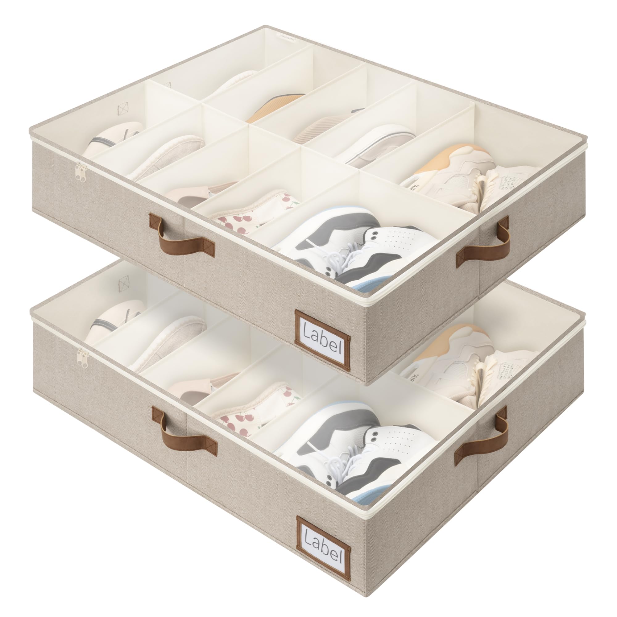 StorageWorks Shoe Organizer for Closet, Fits up to 24 Pairs, 2-Pack Ultra-thick Fabric Under Bed Shoe Storage Containers with Bottom Support and Adjustable Dividers, Beige