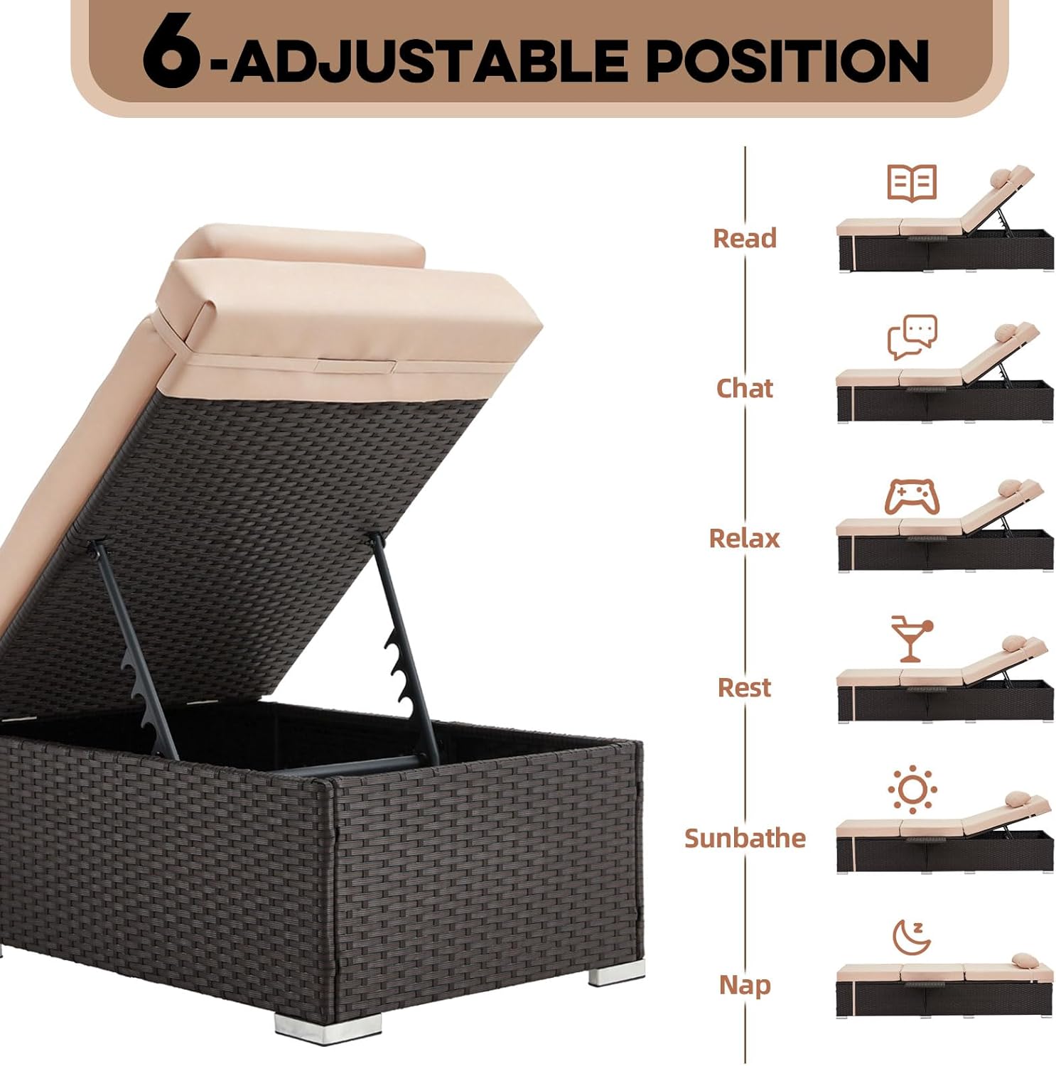 Outdoor Chaise Lounge with Adjustable Backrest Set of 2, 6-Position Reclining Lounger Pool Chair, Thick 3-Inch Cushion & Side Tray, All-Weather PE Wicker for Outdoor, Backyard, Deck (Khaki)