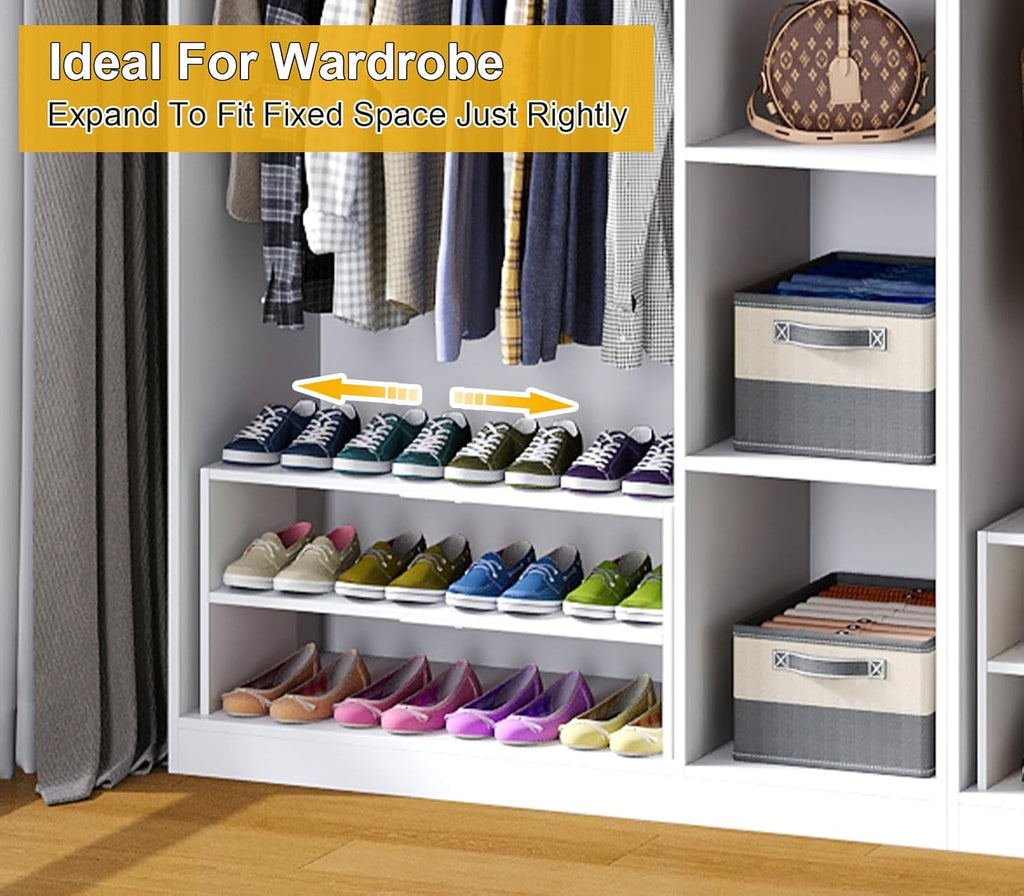 White Shoe Rack Organizer for Closet, 2-Tier Expandable Shoe Shelf, Stackable Iron Wood Combination Small Shoe Racks Shelves for Closets, Entryway,Small Space,Hallway,Bedroom,Bathroom,6-12 Pairs