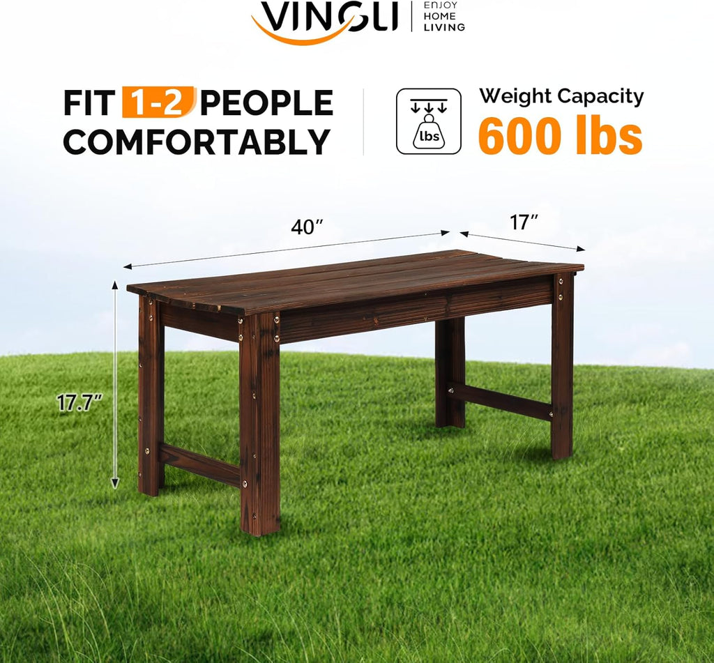 VINGLI Outdoor Wood Bench, 40" Outdoor Bench Patio Wooden Bench Garden Bench Outdoor Backless Bench for Deck Patio (Carbonized)