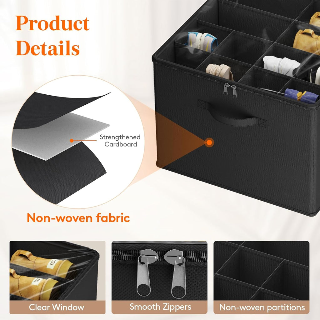 Lifewit Shoe Storage Organizer for Closet, Fabric Large Shoe Box Storage Containers with Clear Cover, Foldable Bins for Boots Heels Sneakers Fits 24-32 Pairs (Each 12-16 Pairs) 2 Pack Black