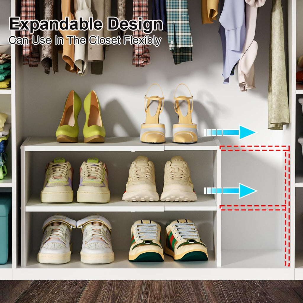 2 Pack White Shoe Rack for Closet, 2-Tier Expandable Small Shoe Shelf, Stackable Iron Wood Combination Shoe Organizer Racks Shelves for Closets, Entryway, Hallway, Garage, Holds 12-24 Pairs