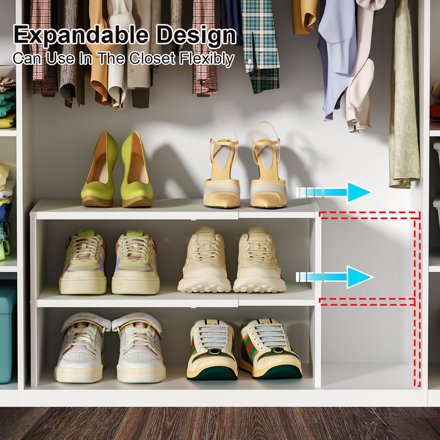 2 Pack White Shoe Rack for Closet, 2-Tier Expandable Small Shoe Shelf, Stackable Iron Wood Combination Shoe Organizer Racks Shelves for Closets, Entryway, Hallway, Garage, Holds 12-24 Pairs