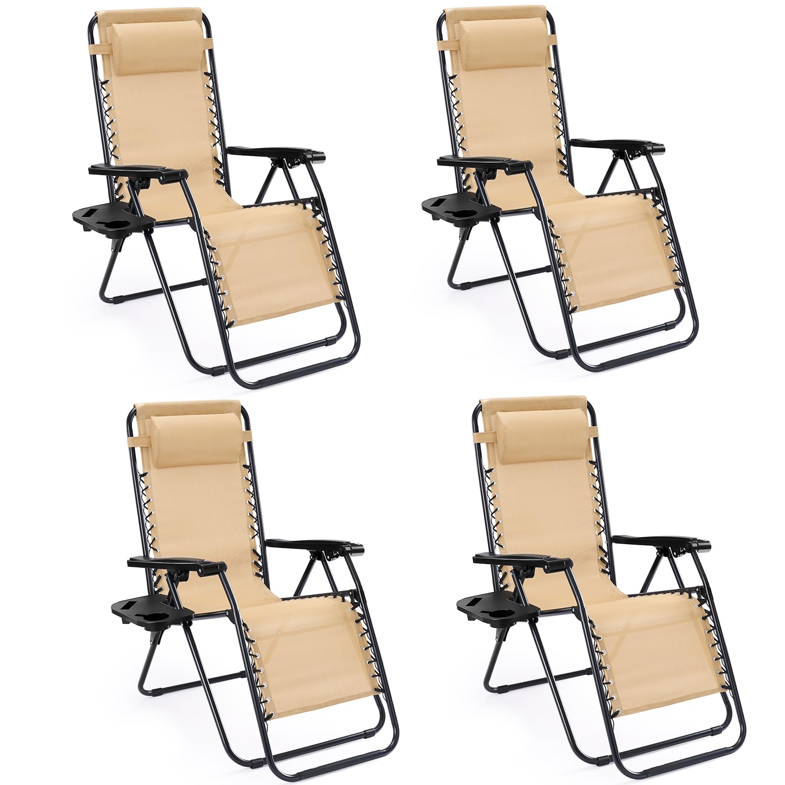 Sweetcrispy Zero Gravity Chairs, Set of 2 Portable Recliner Beach Camping Patio Outdoor Folding Lounge Chair with Cup Holder Trays and Adjustable Pillow for Poolside, Garden, Backyard, Lawn (Black)