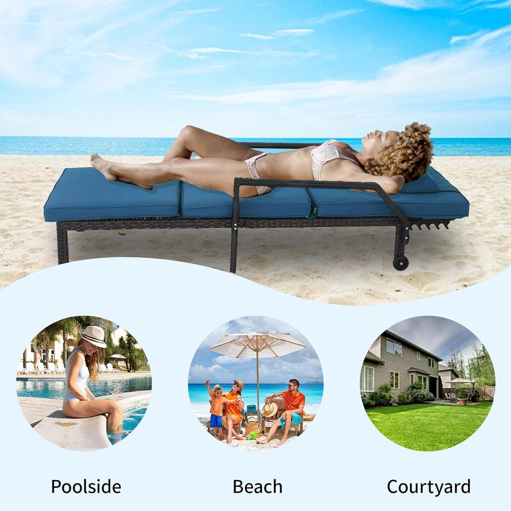 Patio Chaise Lounge Set – Adjustable Outdoor Lounge Chairs with Cushions & Headrest – All-Weather Rattan Reclining Lounge Chairs for Poolside, Garden, and Patio (2 Pcs, Light Blue)