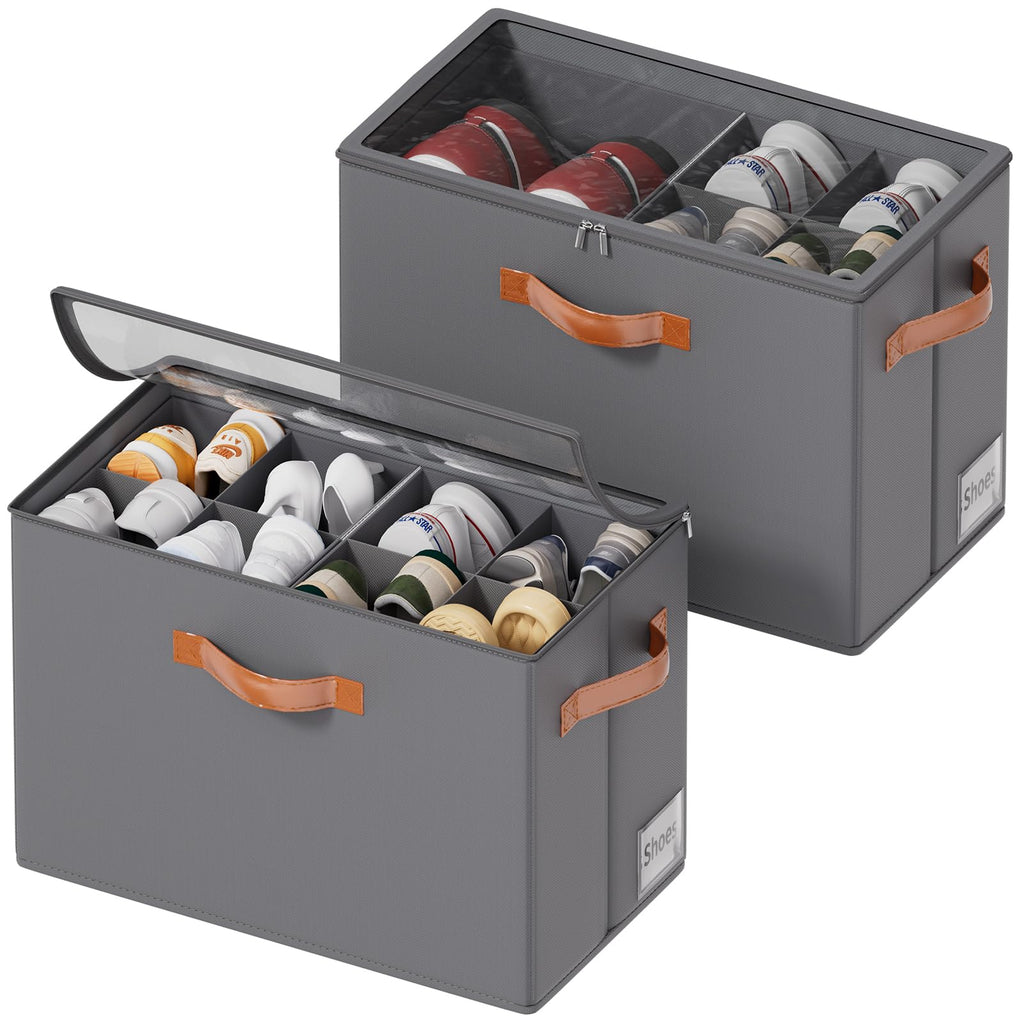 2 Pack Shoe Organizer for Closet, Foldable Shoe Storage Organizer with Adjustable Dividers and Clear Cover, Stackable Fabric Closet Shoe Organizer Storage Box Fits 16 Pairs, Gray