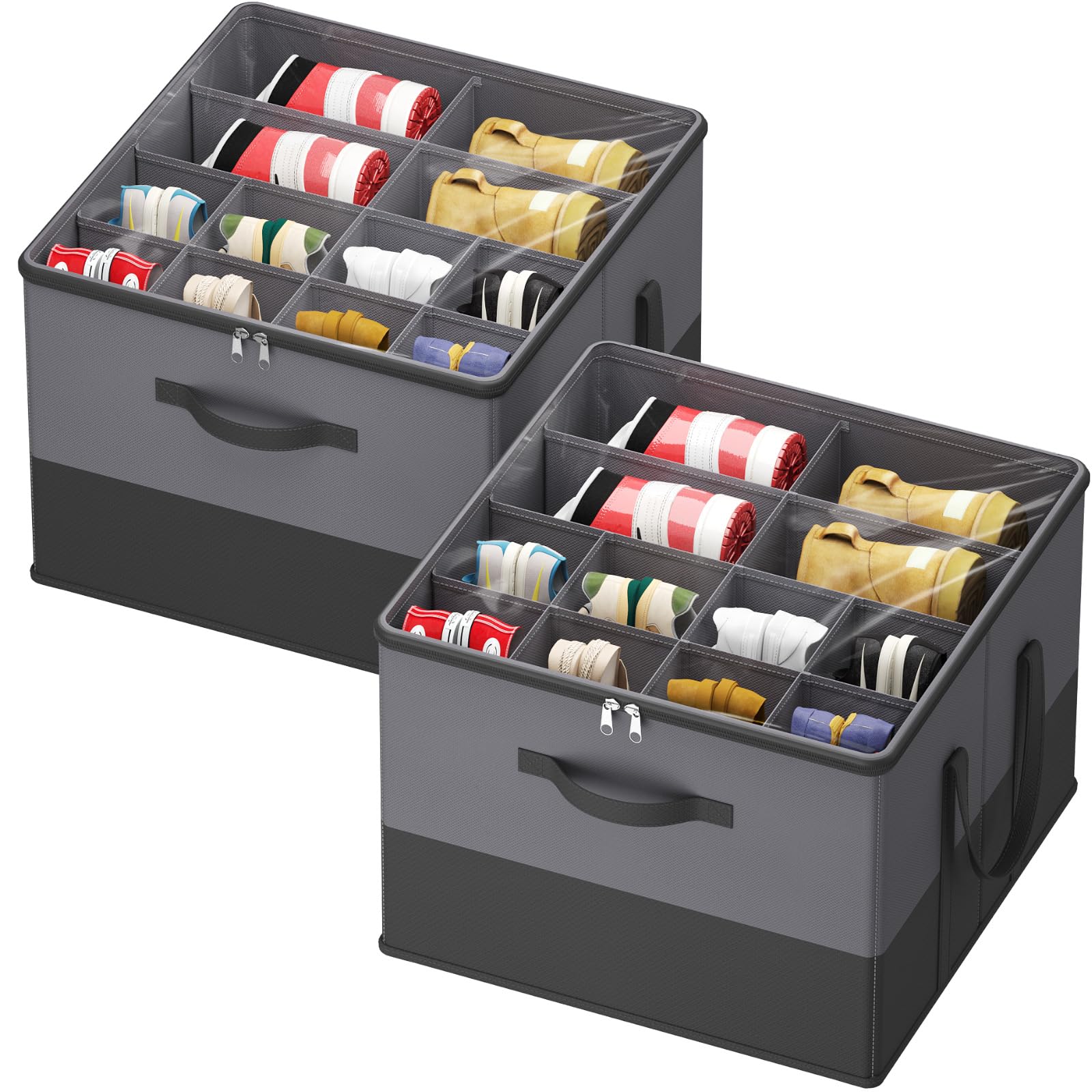 Lifewit Shoe Storage Organizer for Closet, Fabric Large Shoe Box Storage Containers with Clear Cover, Foldable Bins for Boots Heels Sneakers Fits 24-32 Pairs (Each 12-16 Pairs) 2 Pack Black