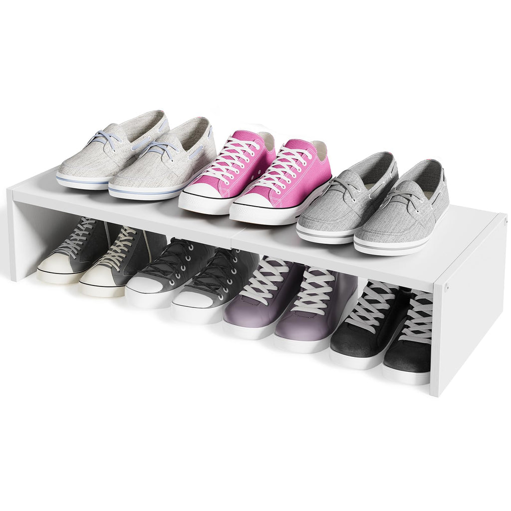 2 Pack White Shoe Rack for Closet, 2-Tier Expandable Small Shoe Shelf, Stackable Iron Wood Combination Shoe Organizer Racks Shelves for Closets, Entryway, Hallway, Garage, Holds 12-24 Pairs