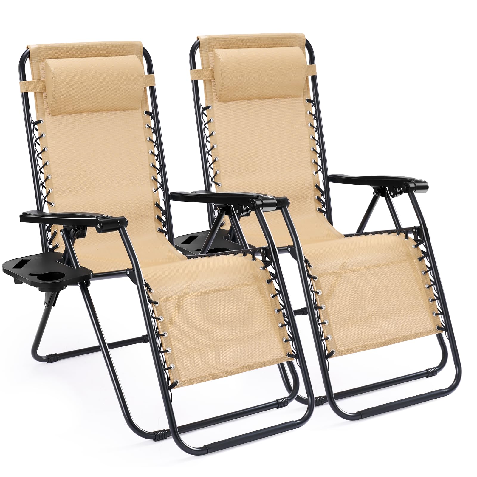 Sweetcrispy Zero Gravity Chairs, Set of 2 Portable Recliner Beach Camping Patio Outdoor Folding Lounge Chair with Cup Holder Trays and Adjustable Pillow for Poolside, Garden, Backyard, Lawn (Black)