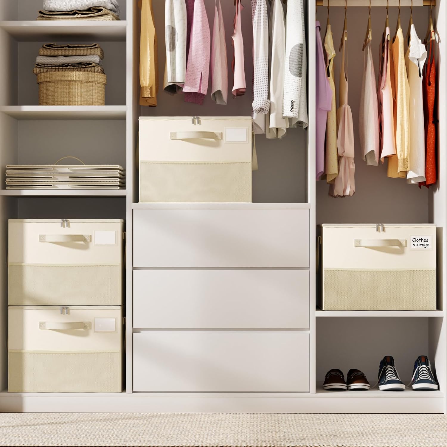 2 Pack Shoe Organizer for Closet, Large Shoe Box Storage Containers, Foldable Shoe Storage Organizer Box Bin with Adjustable Dividers and Clear Cover, Space Saving Shoes Holder, Beige