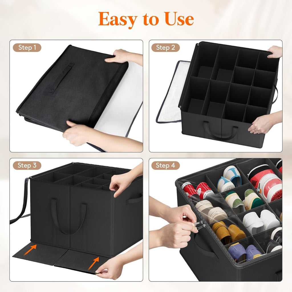 Lifewit Shoe Storage Organizer for Closet, Fabric Large Shoe Box Storage Containers with Clear Cover, Foldable Bins for Boots Heels Sneakers Fits 24-32 Pairs (Each 12-16 Pairs) 2 Pack Black