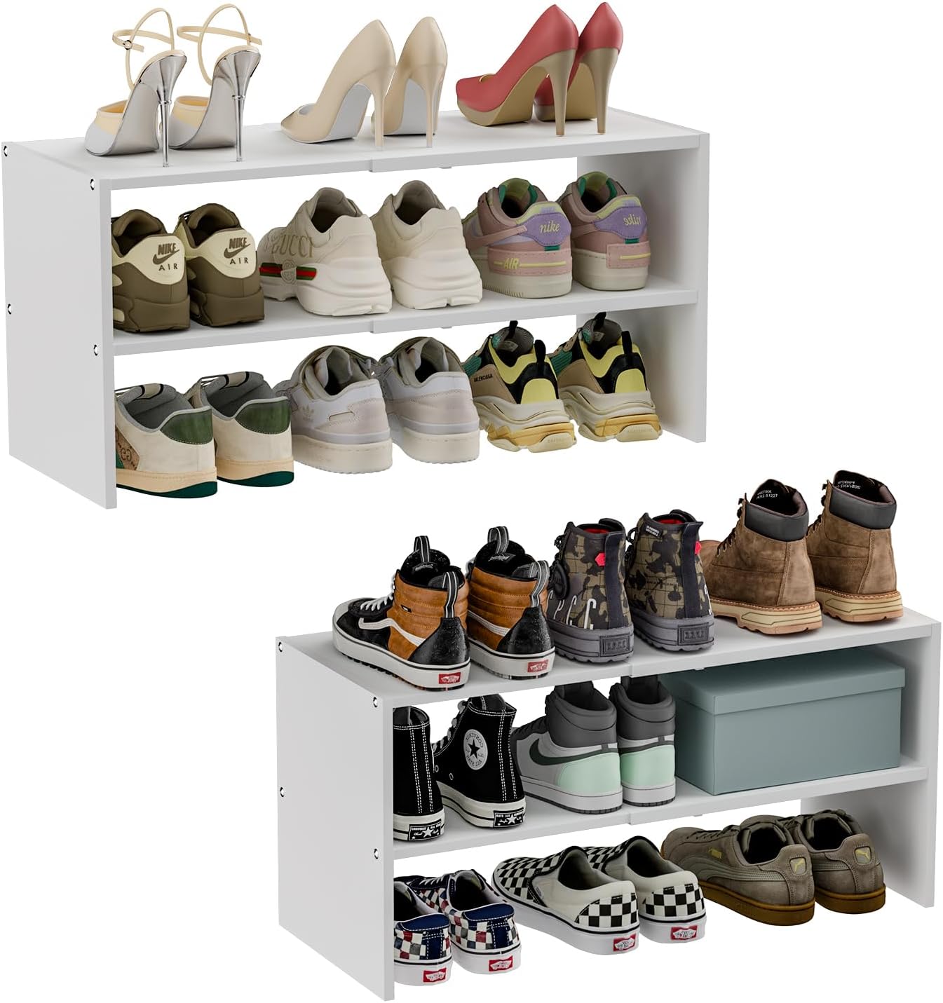 2 Pack White Shoe Rack for Closet, 2-Tier Expandable Small Shoe Shelf, Stackable Iron Wood Combination Shoe Organizer Racks Shelves for Closets, Entryway, Hallway, Garage, Holds 12-24 Pairs