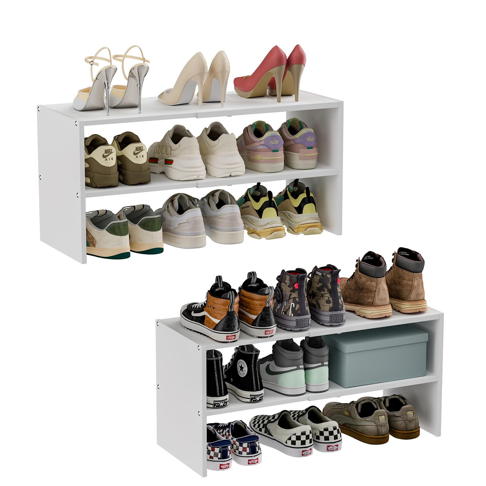 2 Pack White Shoe Rack for Closet, 2-Tier Expandable Small Shoe Shelf, Stackable Iron Wood Combination Shoe Organizer Racks Shelves for Closets, Entryway, Hallway, Garage, Holds 12-24 Pairs