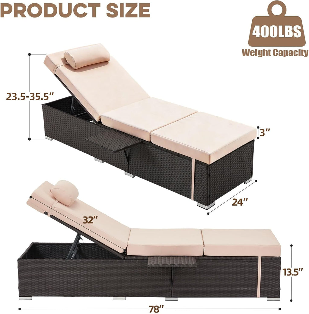 Outdoor Chaise Lounge with Adjustable Backrest Set of 2, 6-Position Reclining Lounger Pool Chair, Thick 3-Inch Cushion & Side Tray, All-Weather PE Wicker for Outdoor, Backyard, Deck (Khaki)