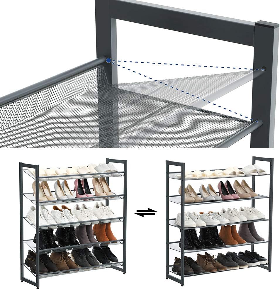 SONGMICS Shoe Rack, 5-Tier Shoe Organizer, Metal Shoe Storage for Garage, Stackable Shoe Shelf, with Adjustable Flat or Angled Shelves, 20-25 Pairs, Charcoal Gray ULMR05GB