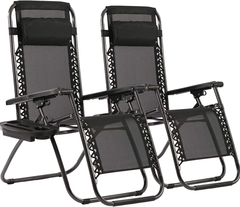 FDW Zero Gravity Lawn Lounge Chairs Set of 2 with Pillow and Cup Holder - Adjustable Reclining Folding Outdoor Chairs for Deck, Beach, Yard