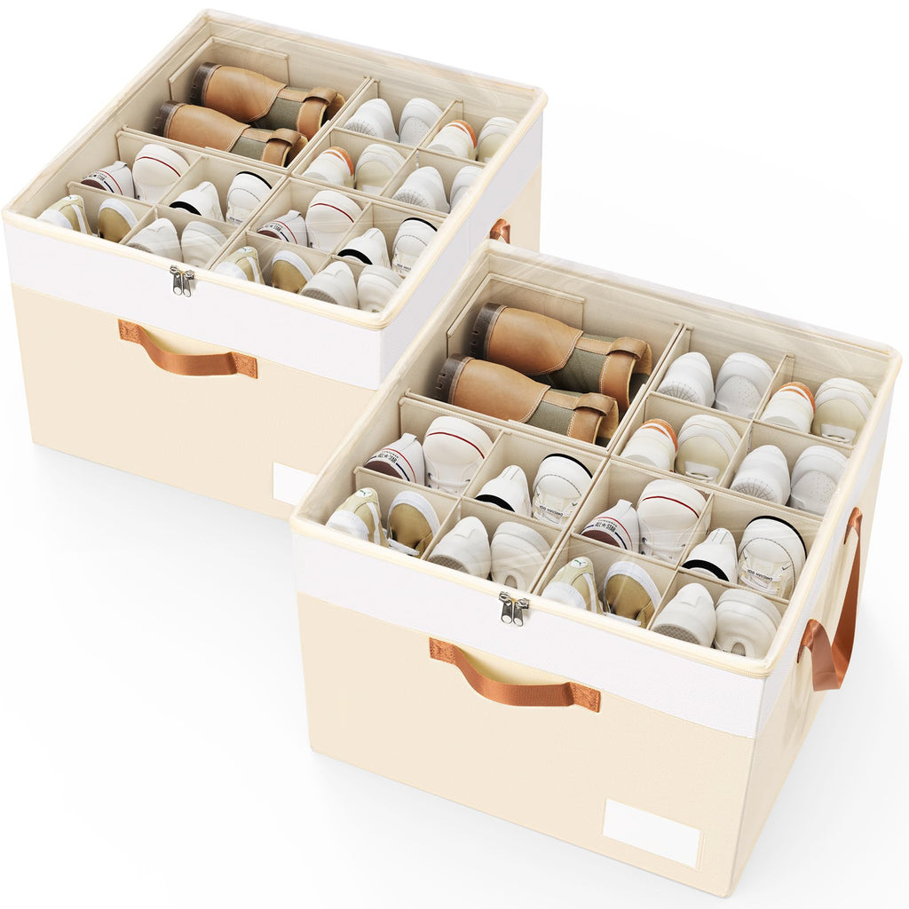 Criusia Shoe Organizer for Closet, 2 Pack Foldable Shoe Storage Organizer Box Bin with Adjustable Dividers and Clear Cover, Closet Shoe Storage for Sneakers Sandals Boots, Fit 16-32 Pairs, Beige