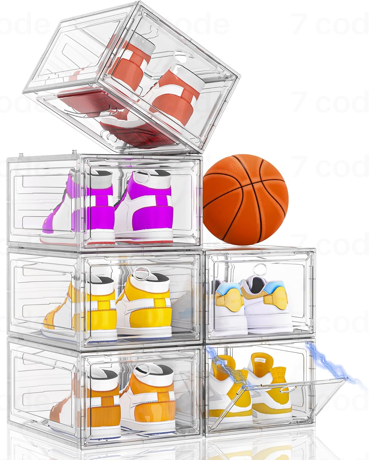 Thickened Clear Shoe Storage Organizer with Magnetic Door, Sturdy Stackable Shoe Boxes for Closet, Collapsible Space-Saving Shoe Rack for Sneakers & Boots, Plastic Shoe Cabinet Box Set, 6 Pack, White