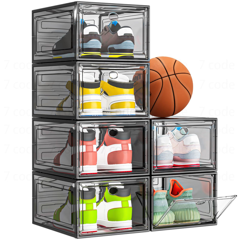 Thickened Clear Shoe Storage Organizer with Magnetic Door, Sturdy Stackable Shoe Boxes for Closet, Collapsible Space-Saving Shoe Rack for Sneakers & Boots, Plastic Shoe Cabinet Box Set, 6 Pack, White