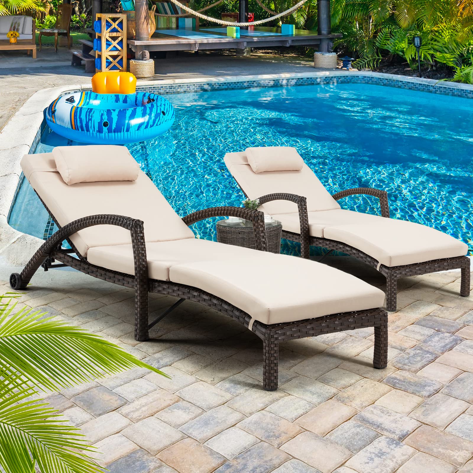 HOMREST Wicker Chaise Lounge Set of 2, Pool Lounge Chair with Side Table, Outdoor Reclining Lounger Chair with Wheels 5-Level Adjustable Backrest for Poolside Deck Lawn,Khaki