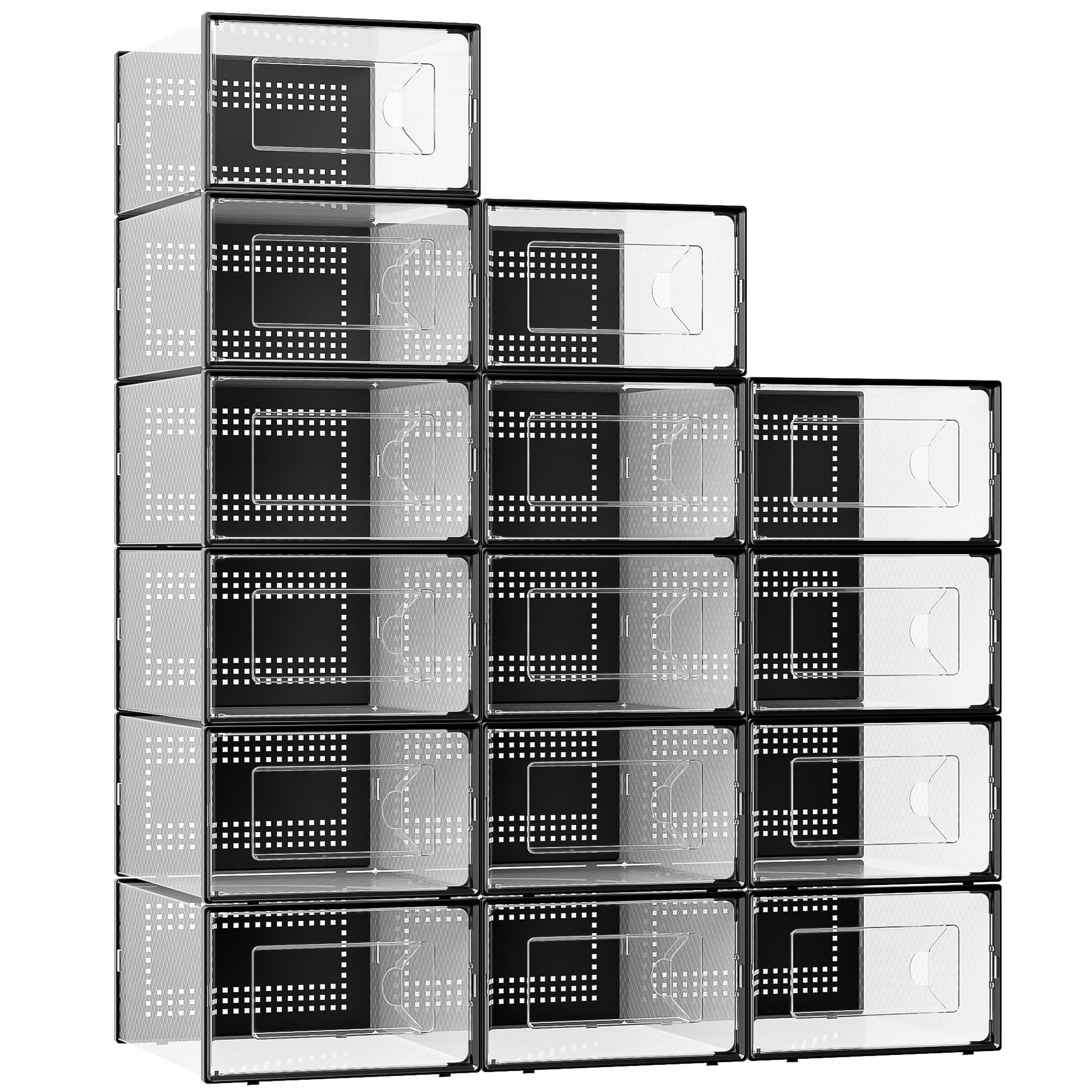 X-Large Shoe Storage Box, 15 Pack Clear Plastic Stackable Shoe Organizer for Closet, Interlocking Design Shoe Container Bins for Sneakers, Foldable Shoe Rack with Lids, Black